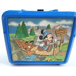 Aladdin Mickey Mouse Pluto Lunch Box OS Plastic Blue Swinging Bridge Vintage 80s